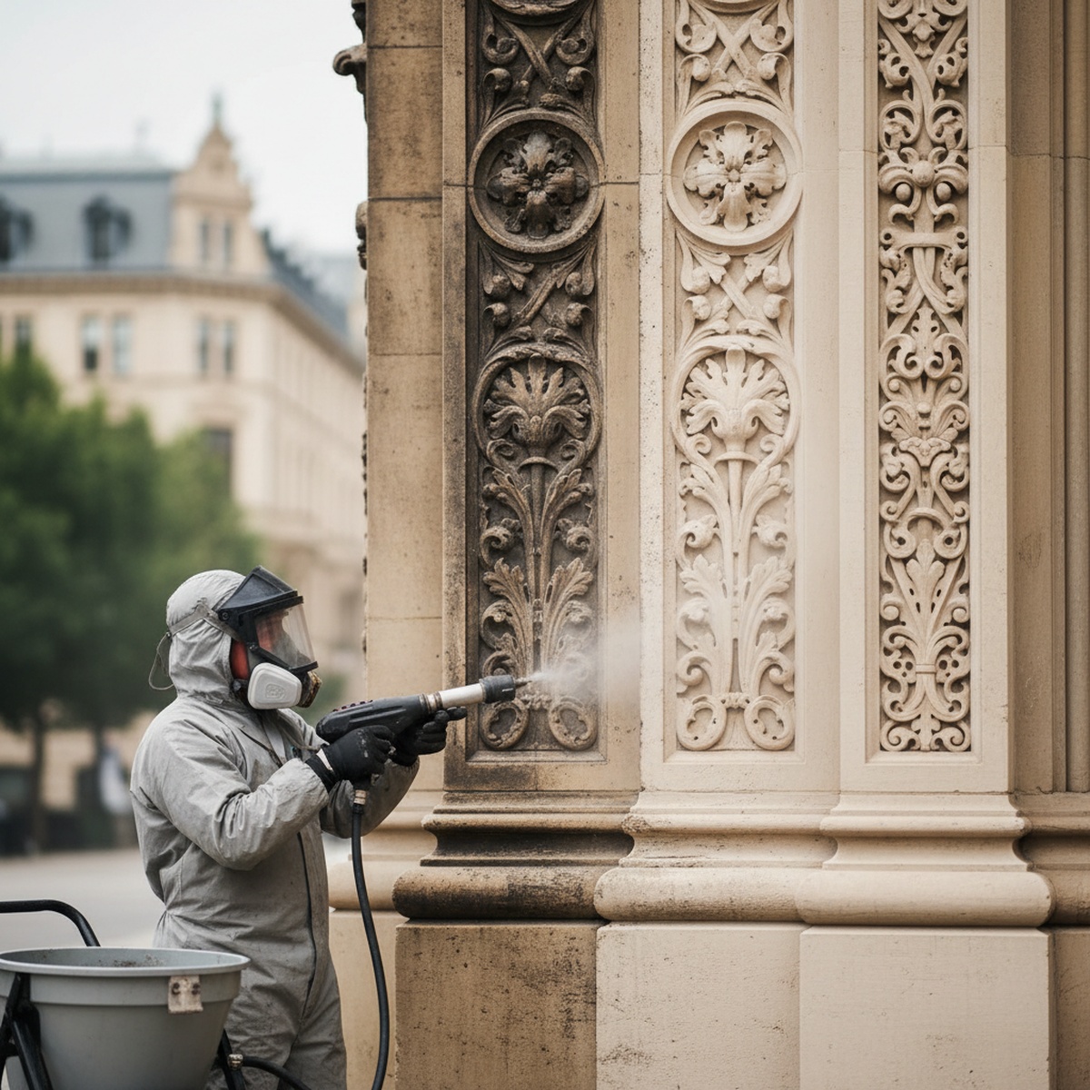 Dry ice blasting reveals clean limestone facade next to soot-covered stone.