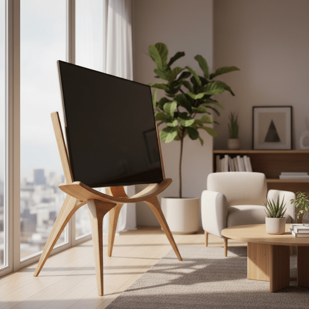 Ultra-thin TV on a sustainable bamboo tripod easel in a sunlit modern loft.
