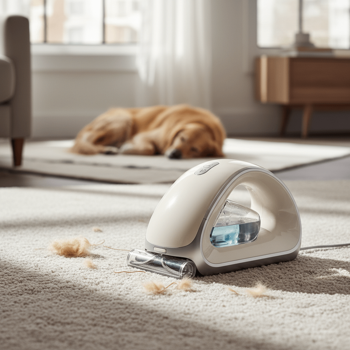 Handheld carpet cleaner on living room rug with pet fur. Handheld carpet cleaner on rug with pet fur and sleeping dog.