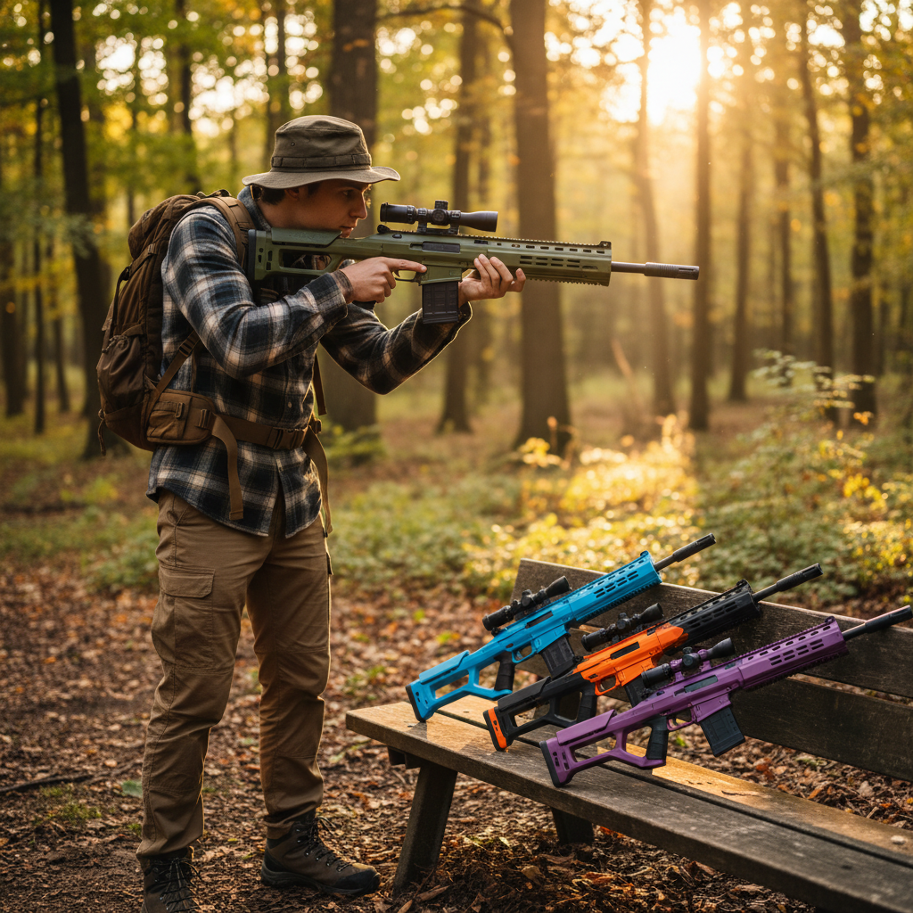 Outdoor BB gun lifestyle scene, golden hour Olive drab BB gun with textured grip in golden hour sunlight, forest background.
