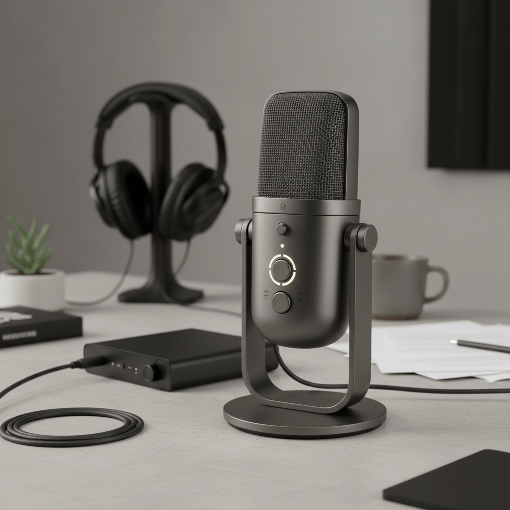 Sleek USB-C condenser microphone on a minimalist desk with streaming props.