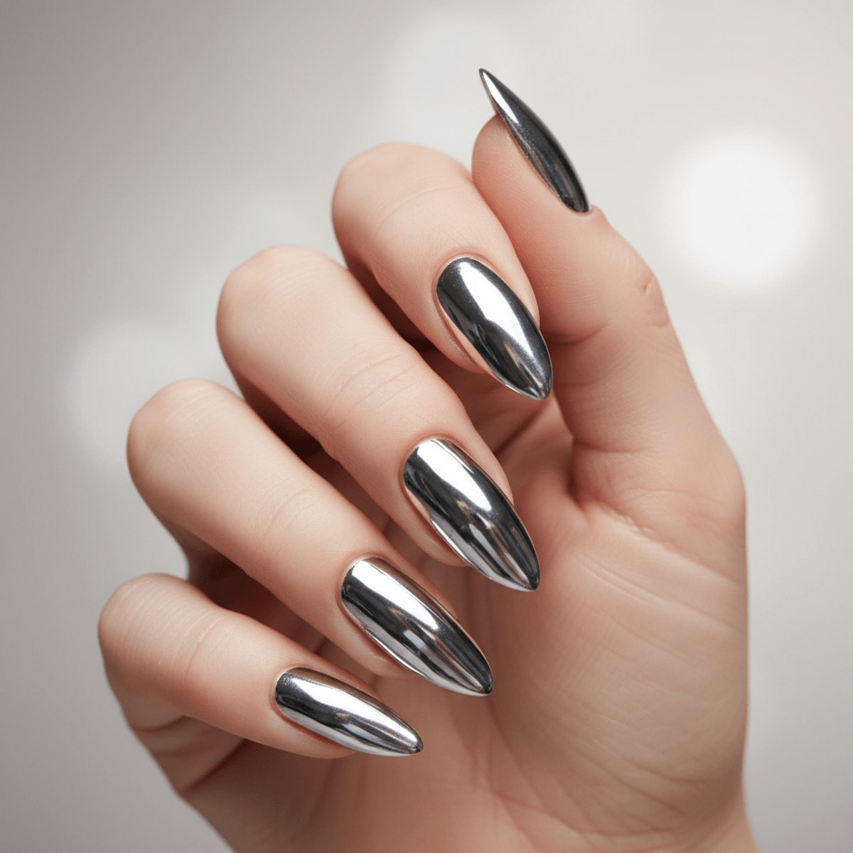 Close-up of perfectly sculpted nails with a seamless molten silver chrome finish.