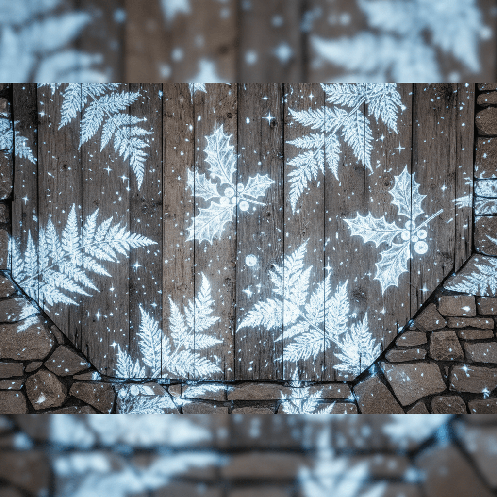 Projected frosted botanical patterns on a rustic wooden cabin wall.