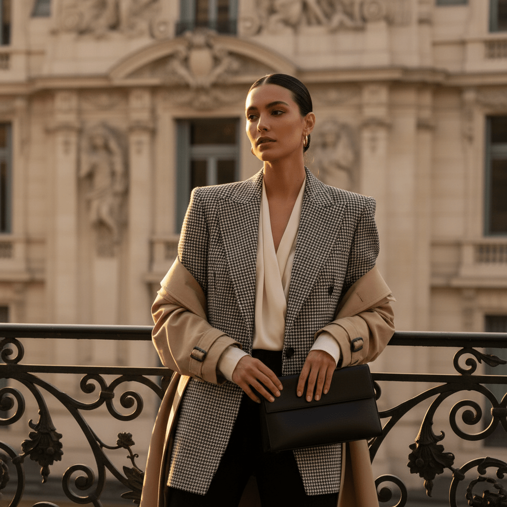 Fashion portrait with houndstooth blazer near Parisian building in Buenos Aires.