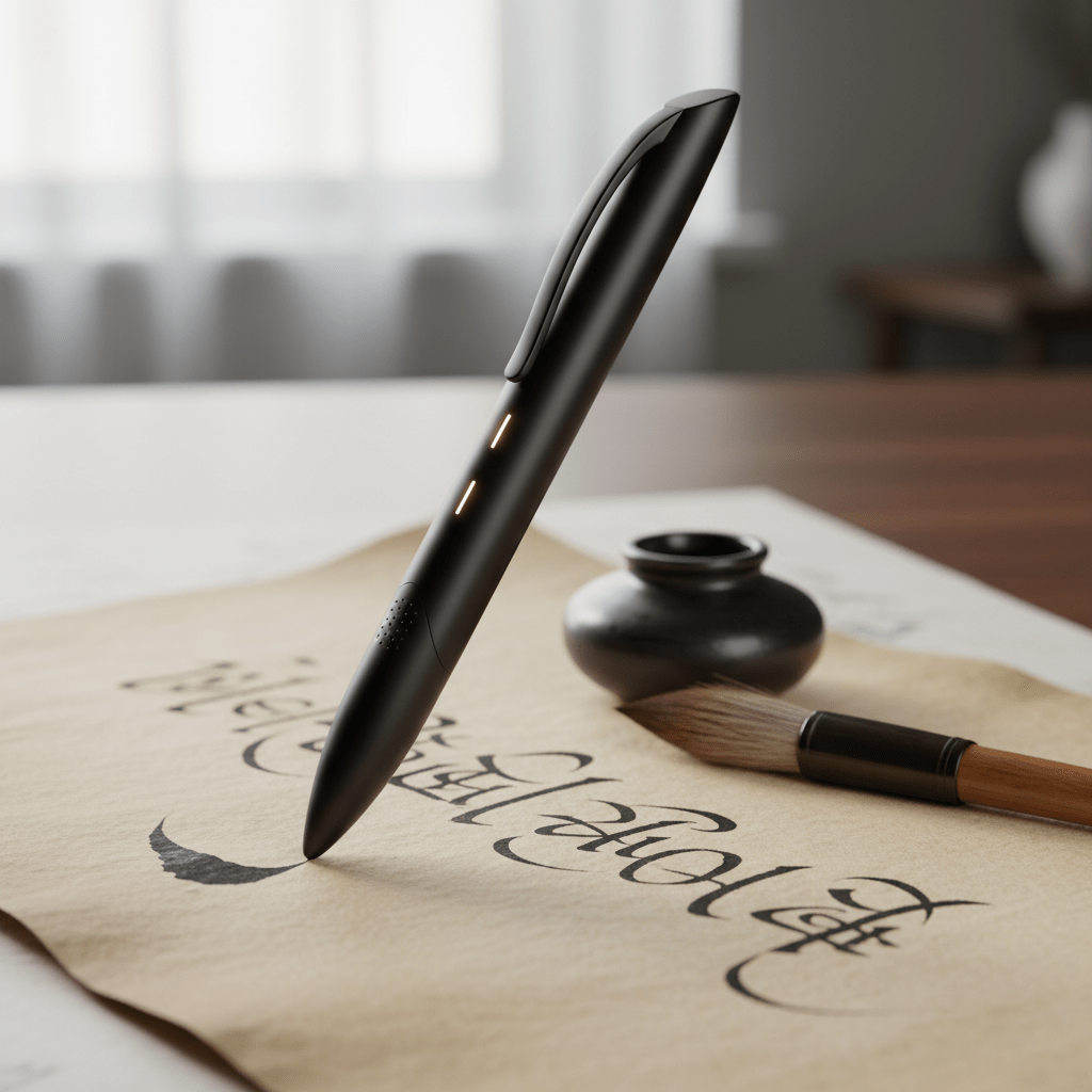 Minimalist smart calligraphy pen on parchment with elegant strokes.