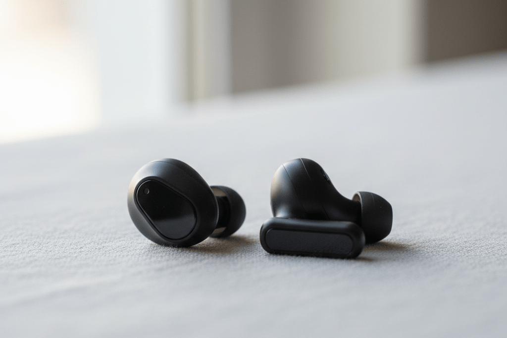 Photorealistic medium shot of matte black noise-canceling earbuds on light gray fabric, natural lighting, centered composition
