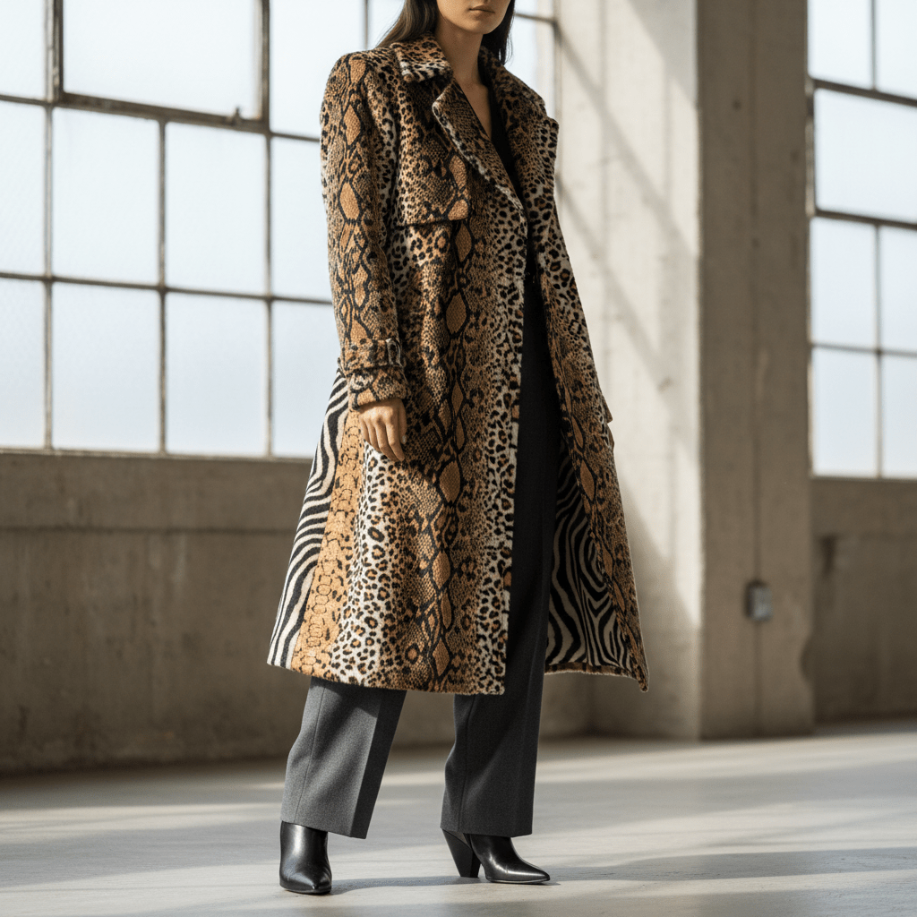 Model in mixed animal print trench coat, professional trousers, and ankle boots.