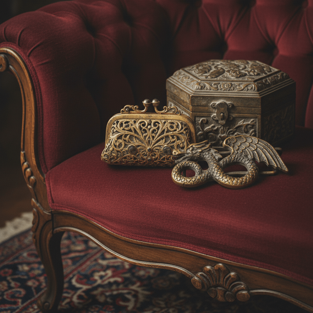 Opiumcore still life: tarnished gold clasp, dragon buckle, and bronze jewelry box.