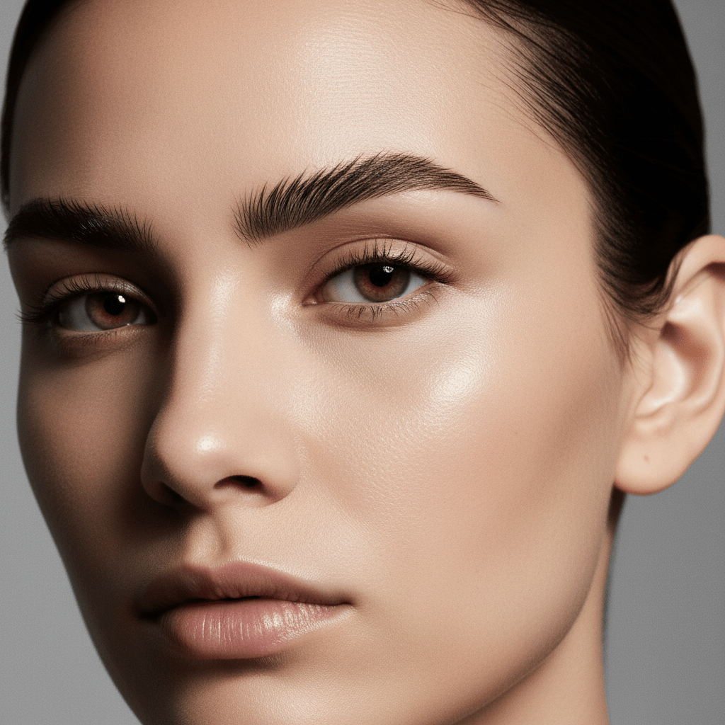 Close-up of model's face with sharply defined Neo-Thin eyebrows and geometric shaping.