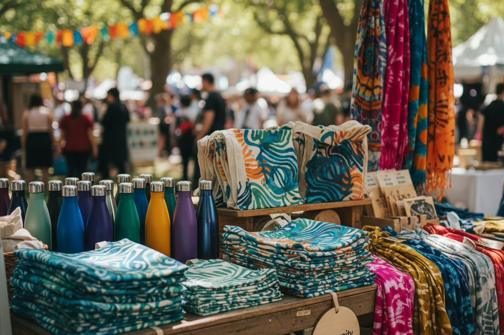 Wooden table with eco-friendly festival items like bags and bottles, showcasing sustainable retail strategies