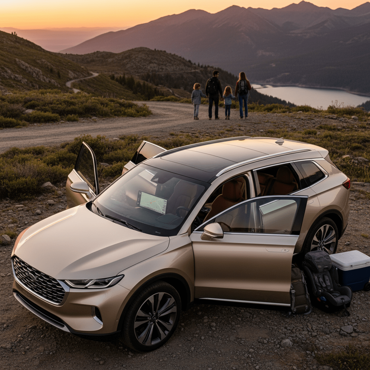Champagne gold midsize SUV with aerodynamic body in a scenic family adventure setting.
