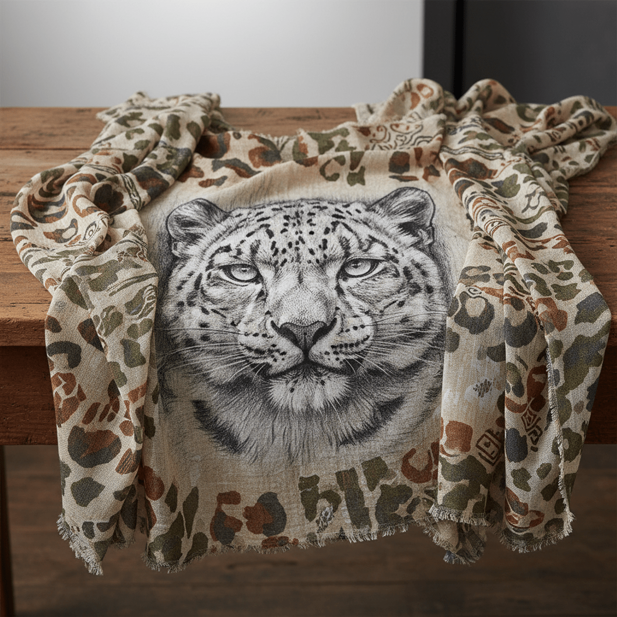 Monochromatic pencil sketch of a snow leopard on a bohemian scarf draped on wood.
