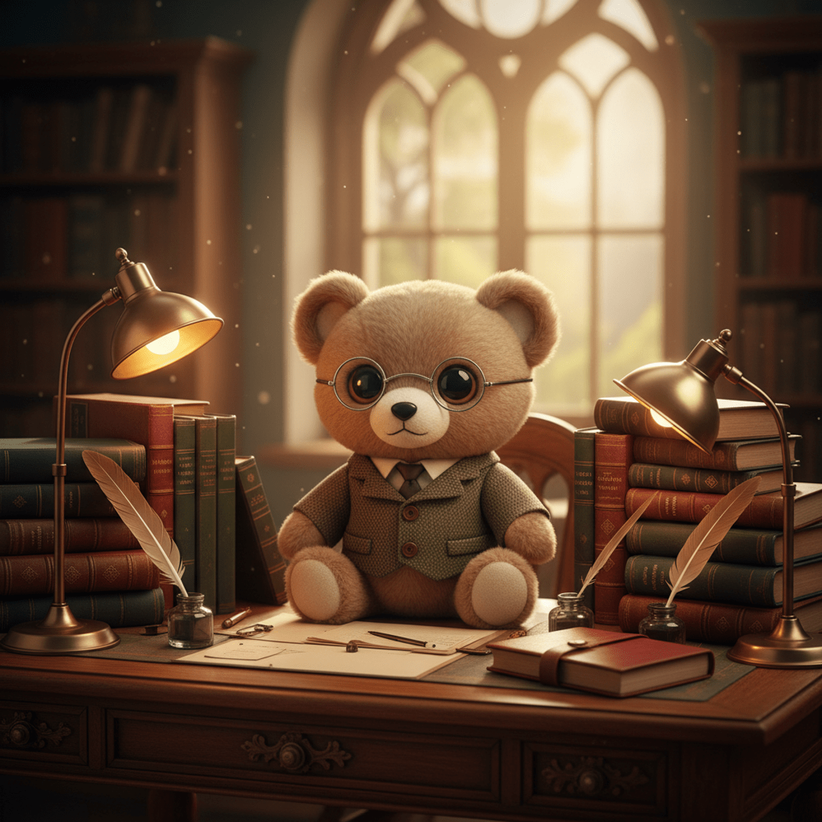 Kawaii teddy bear scholar at vintage desk with antique books and study lamps.