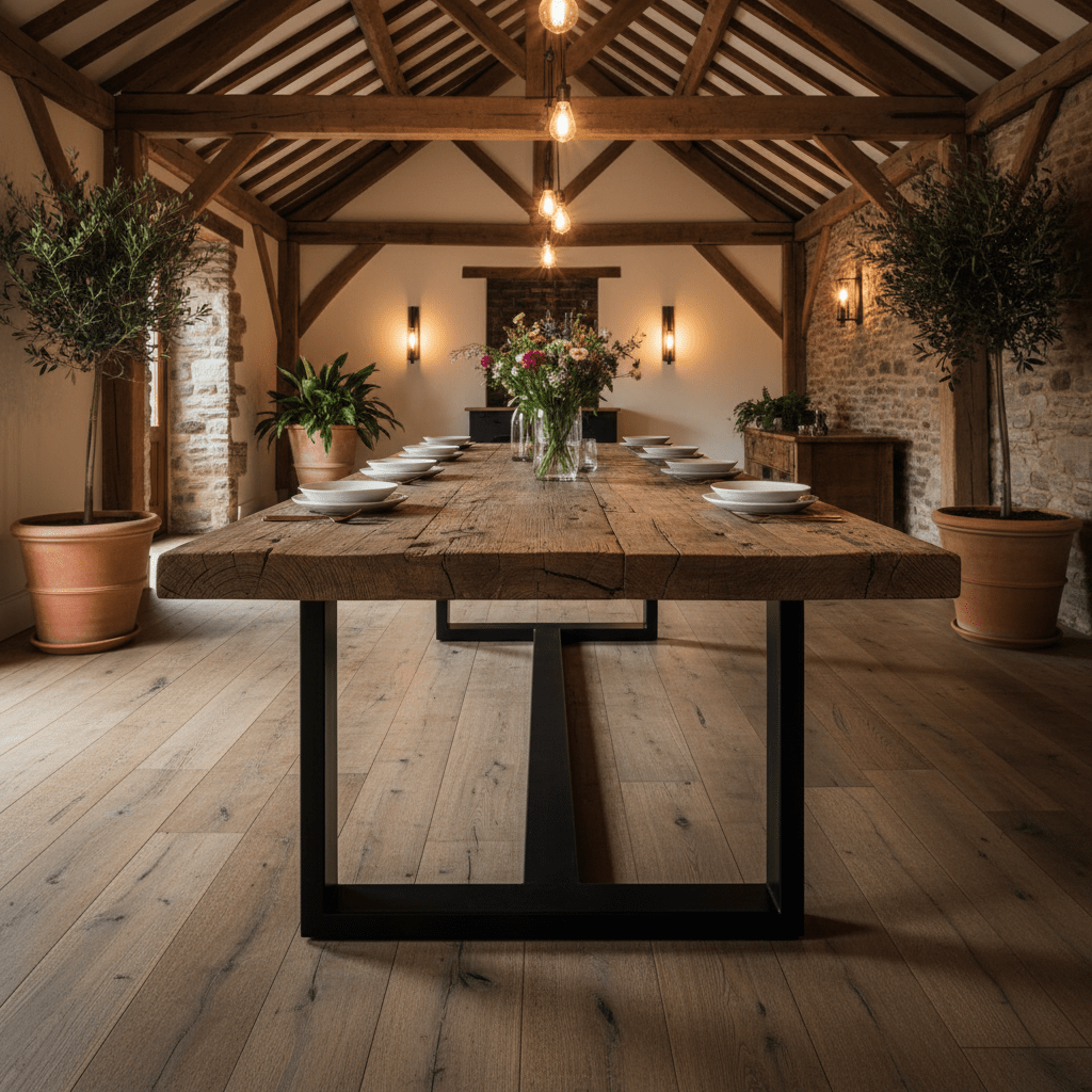 Reclaimed timber dining table in a rustic barn setting. Rustic dining table made from reclaimed timber on a matte-black steel base.