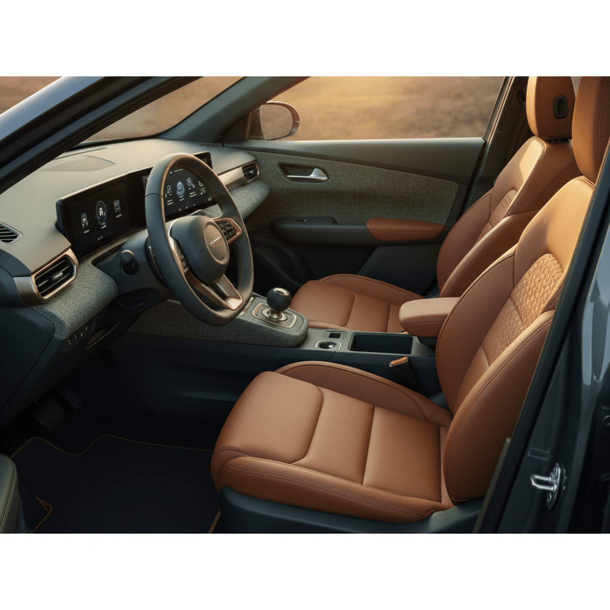 Subcompact car cockpit showcases premium vegan leather seats and reclaimed fiber panels.