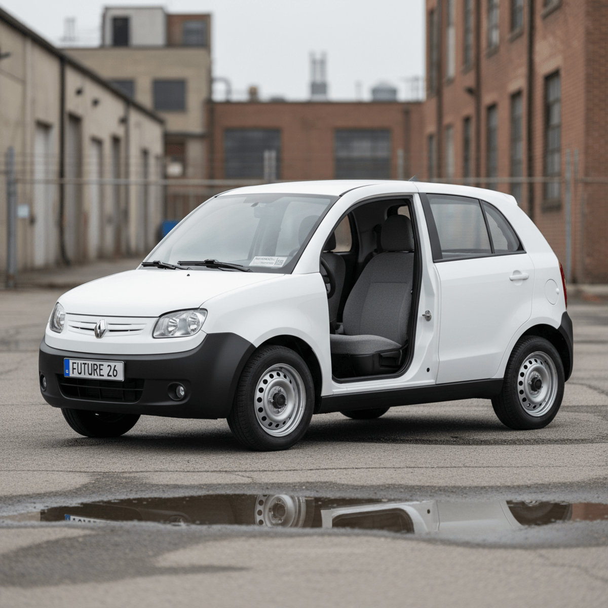 Utilitarian fleet vehicle parked in an urban industrial lot, showing durable design.