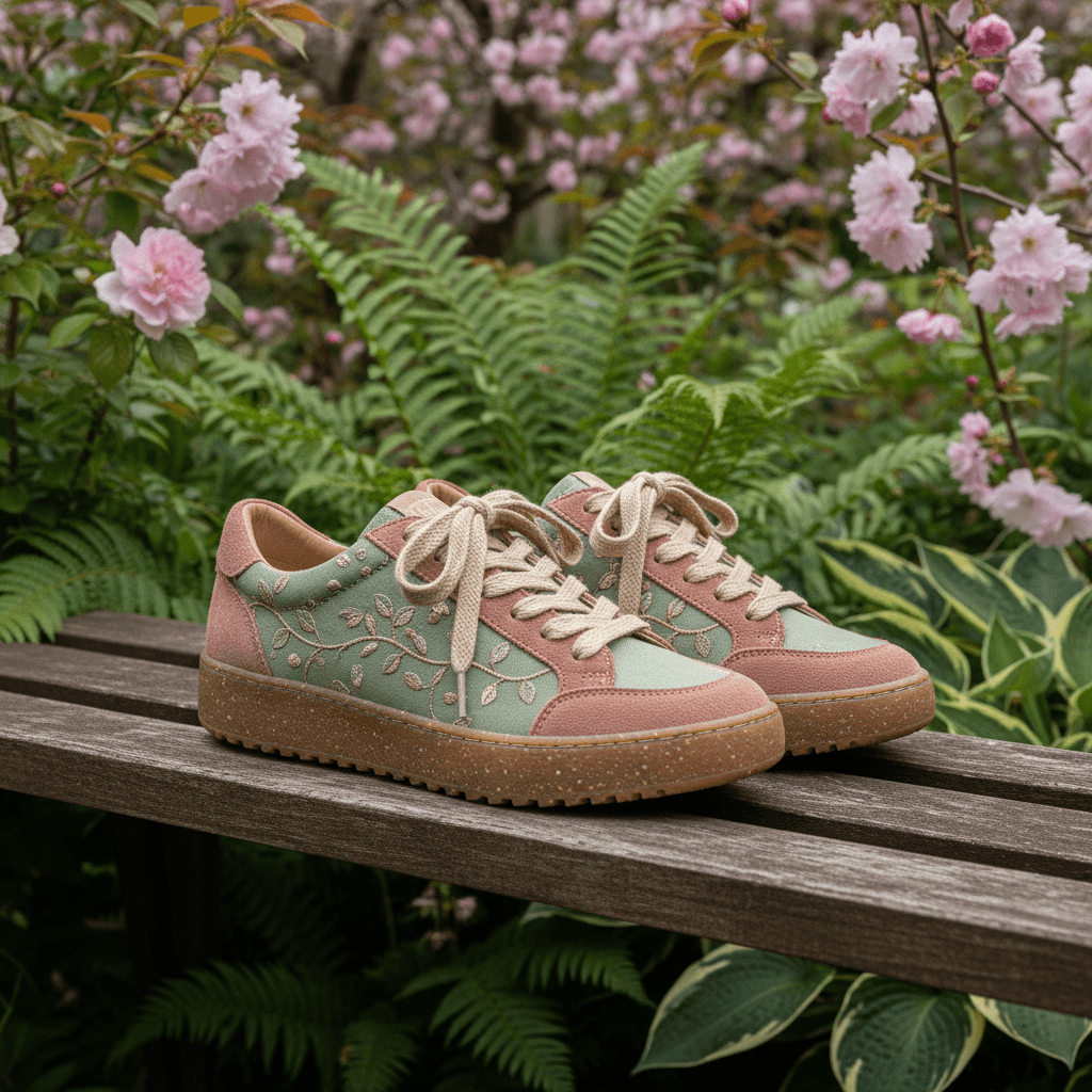 Sage and dusty rose organic cotton sneakers with leaf embroidery on a garden bench.