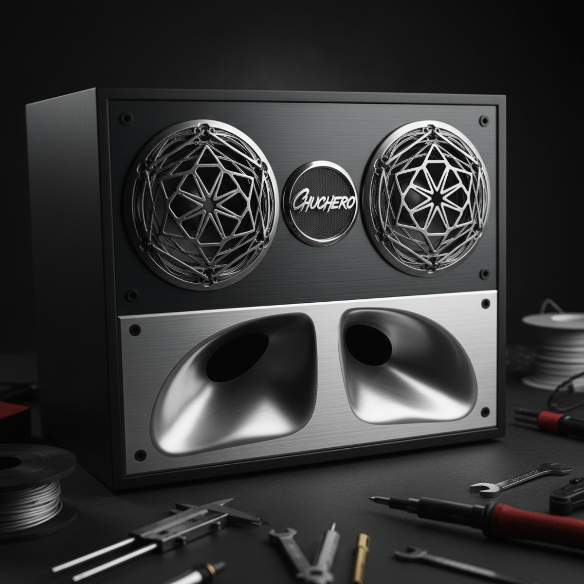 Close-up of 3D-printed speaker grille with intricate designs and smooth bass ports.