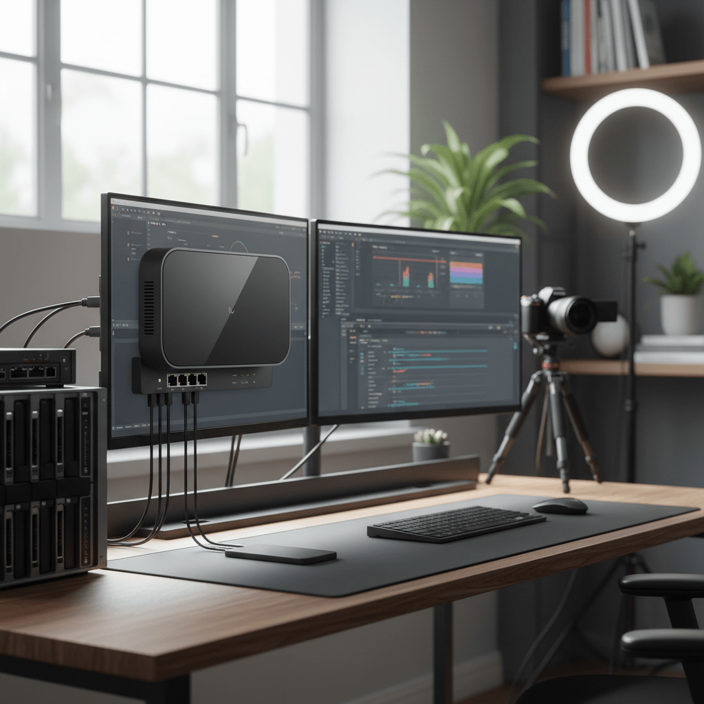 Sleek modem router combo with multiple Ethernet ports in a professional home office.