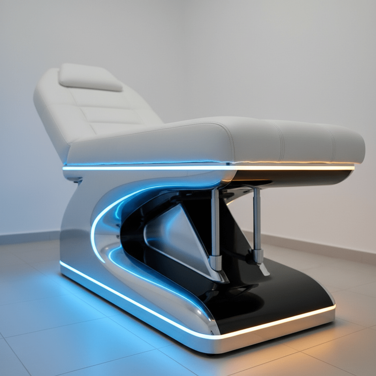 Futuristic hydraulic massage table with glowing ambient LED lighting and metallic base.