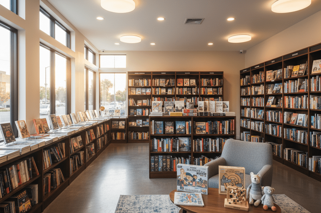 Warmly lit bookstore with shelves, reading area, and displayed products, highlighting strategic focus on physical retail ambiance