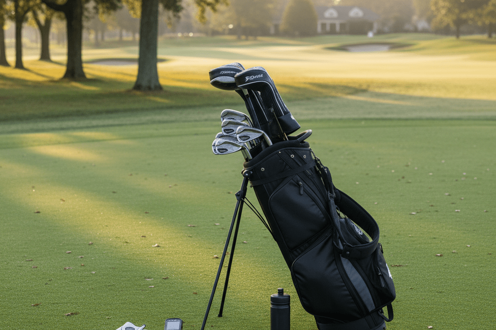 Golf bag and clubs set up on lush green grass under soft morning light, symbolizing meticulous preparation in professional sports
