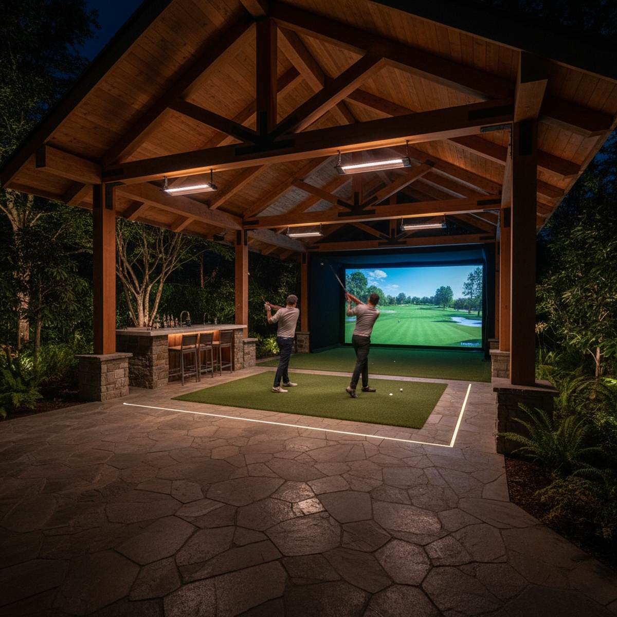Nighttime luxury outdoor golf simulator pavilion with vaulted roof and glowing projection screen.