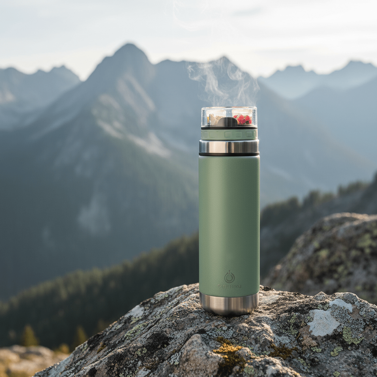 Sage green double-walled stainless steel water bottle on a granite ledge.
