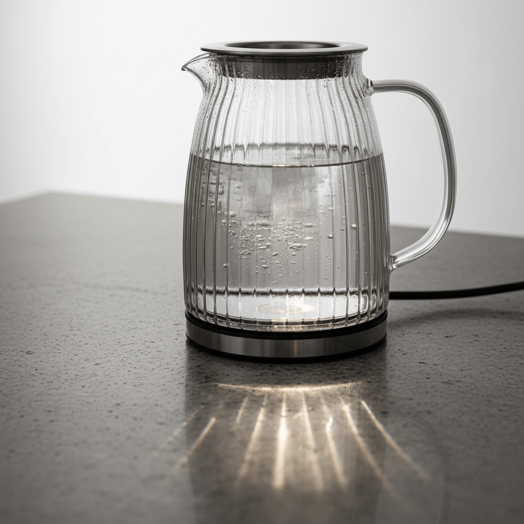 Vertically fluted glass tea kettle with smoke grey tint on a stone countertop.