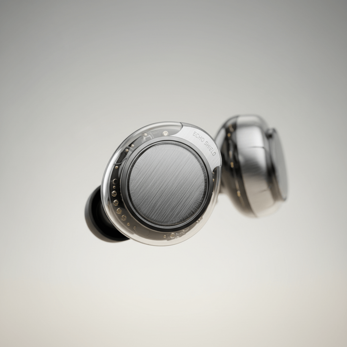 Sleek earbuds cutaway revealing large graphene drivers and brushed aluminum faceplate.