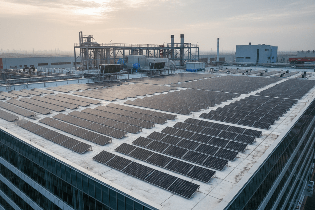 Wide view of solar panel installation on an industrial building under natural morning light, emphasizing sustainable energy adoption