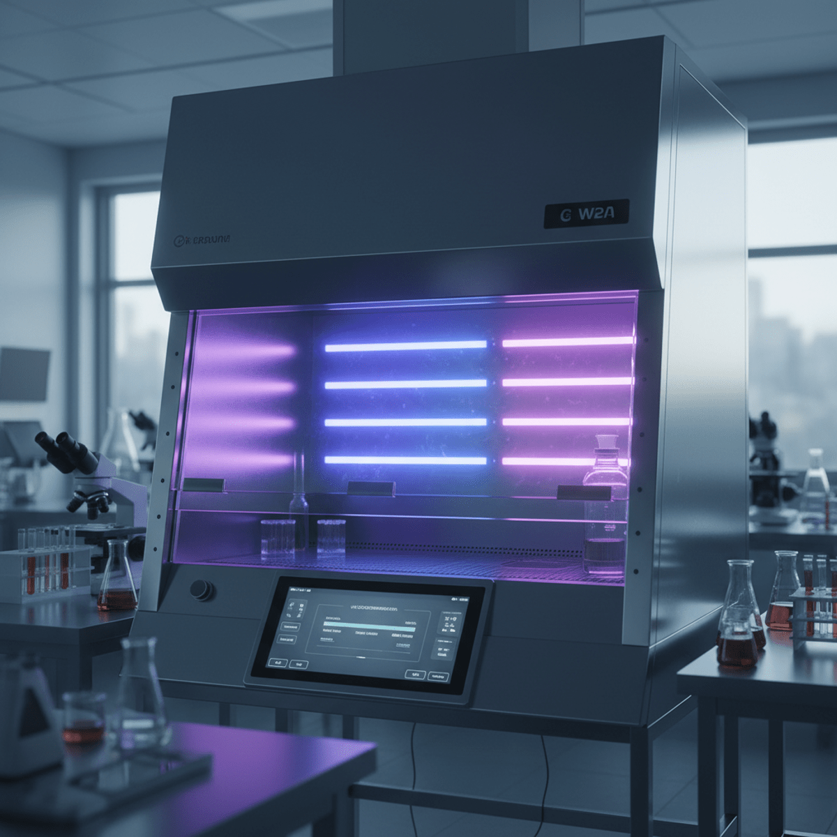 Futuristic laminar flow hood with violet and blue UV-C sterilization light.