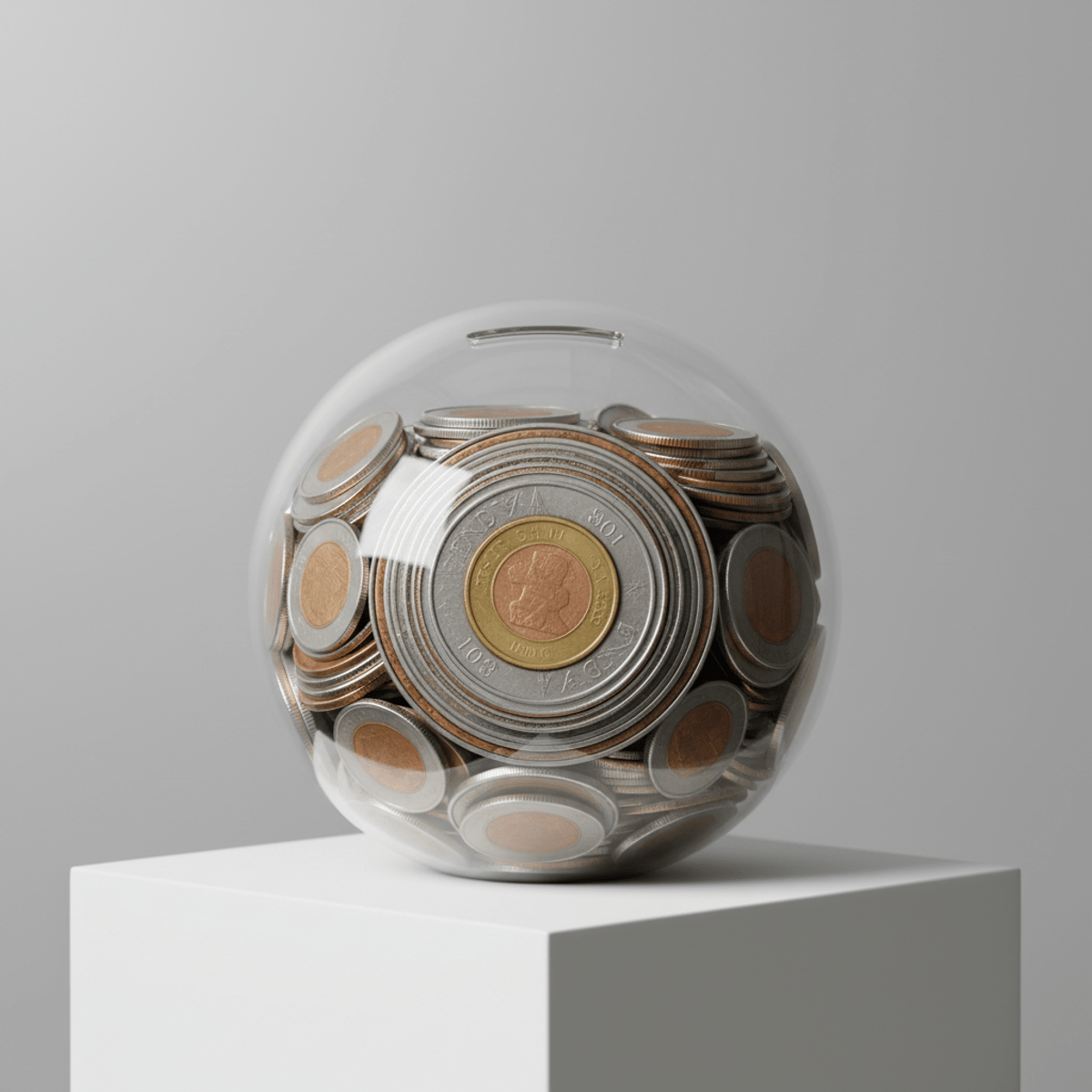 Modern sphere piggy bank with stacked coins A futuristic acrylic sphere piggy bank with stacked coins visible inside.