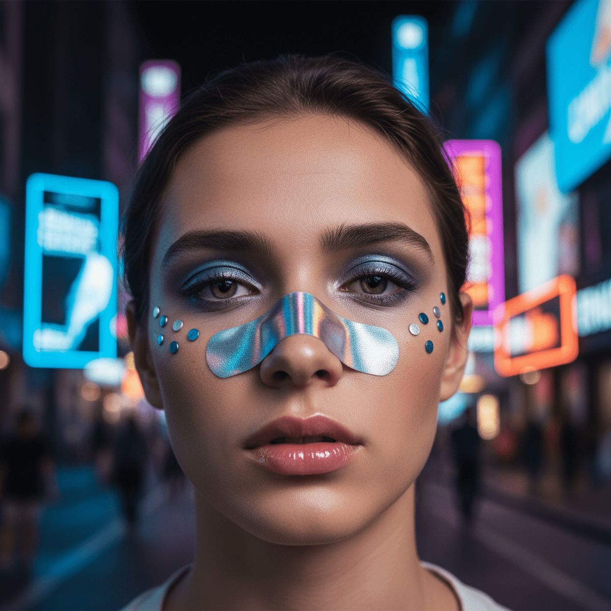 Young person with iridescent holographic bandaid, gloss, and chrome makeup in neon light.