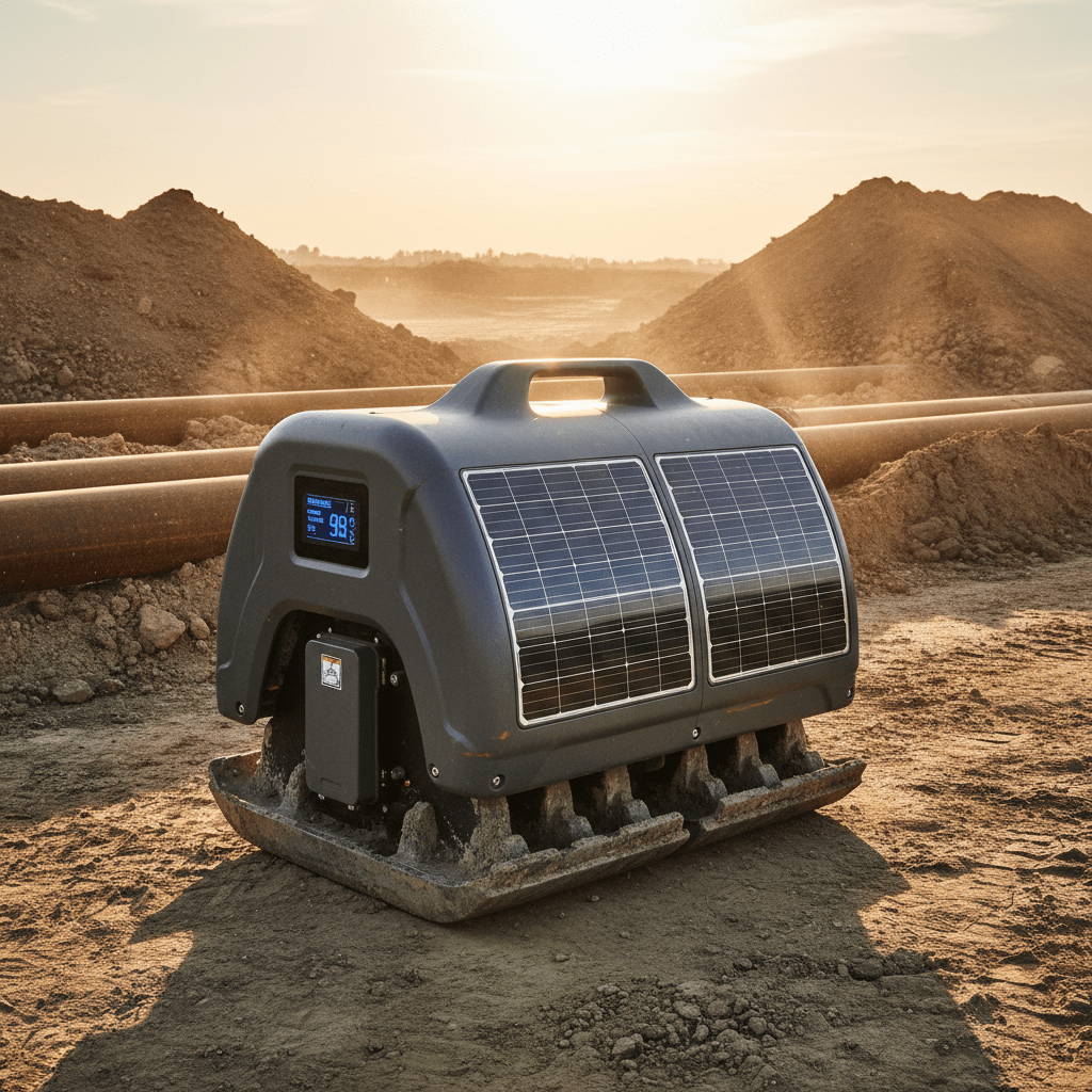 Solar-assisted plate soil compactor in a rural construction environment with golden hour light.