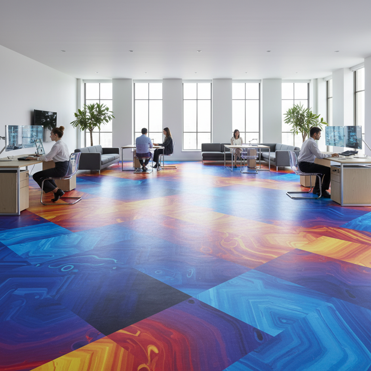 Futuristic office with digitally printed geometric mural flooring and modern furniture.