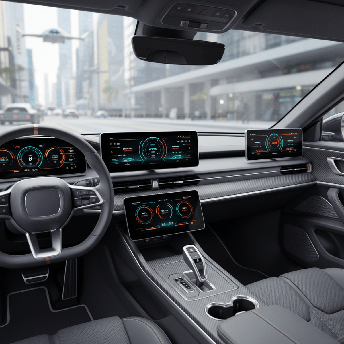 Advanced wireless gauges in a car's driver cabin with neon performance metrics.