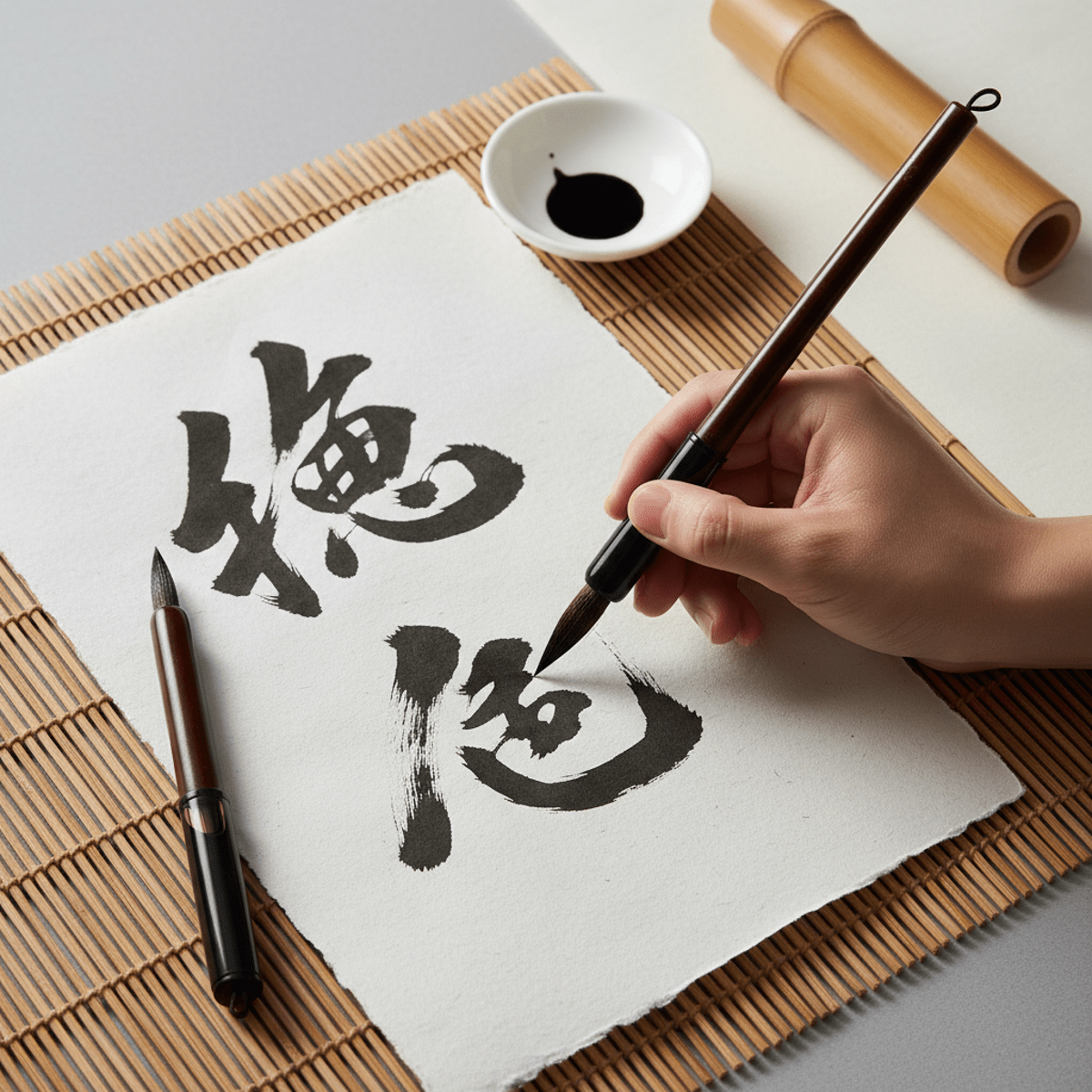 Overhead view of self-moistening brush pens creating sumi-e strokes on handmade paper.