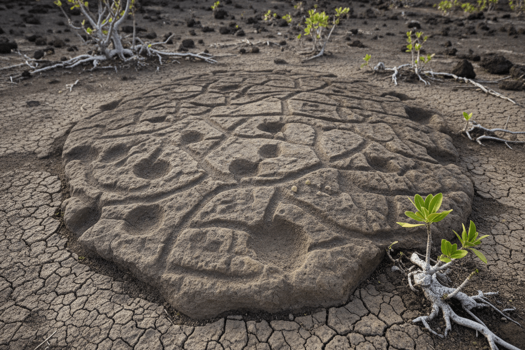 Medium shot of carved volcanic stone with grooves in dry soil, showing traditional moisture retention techniques used by Rapa Nui people