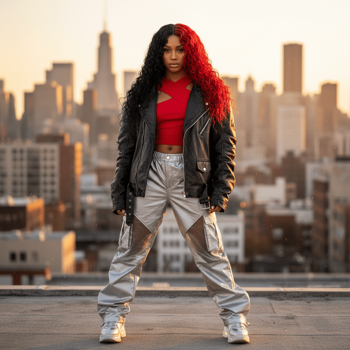 Model with split-dye jeri curl hairstyle, black and red, on an urban rooftop at golden hour.