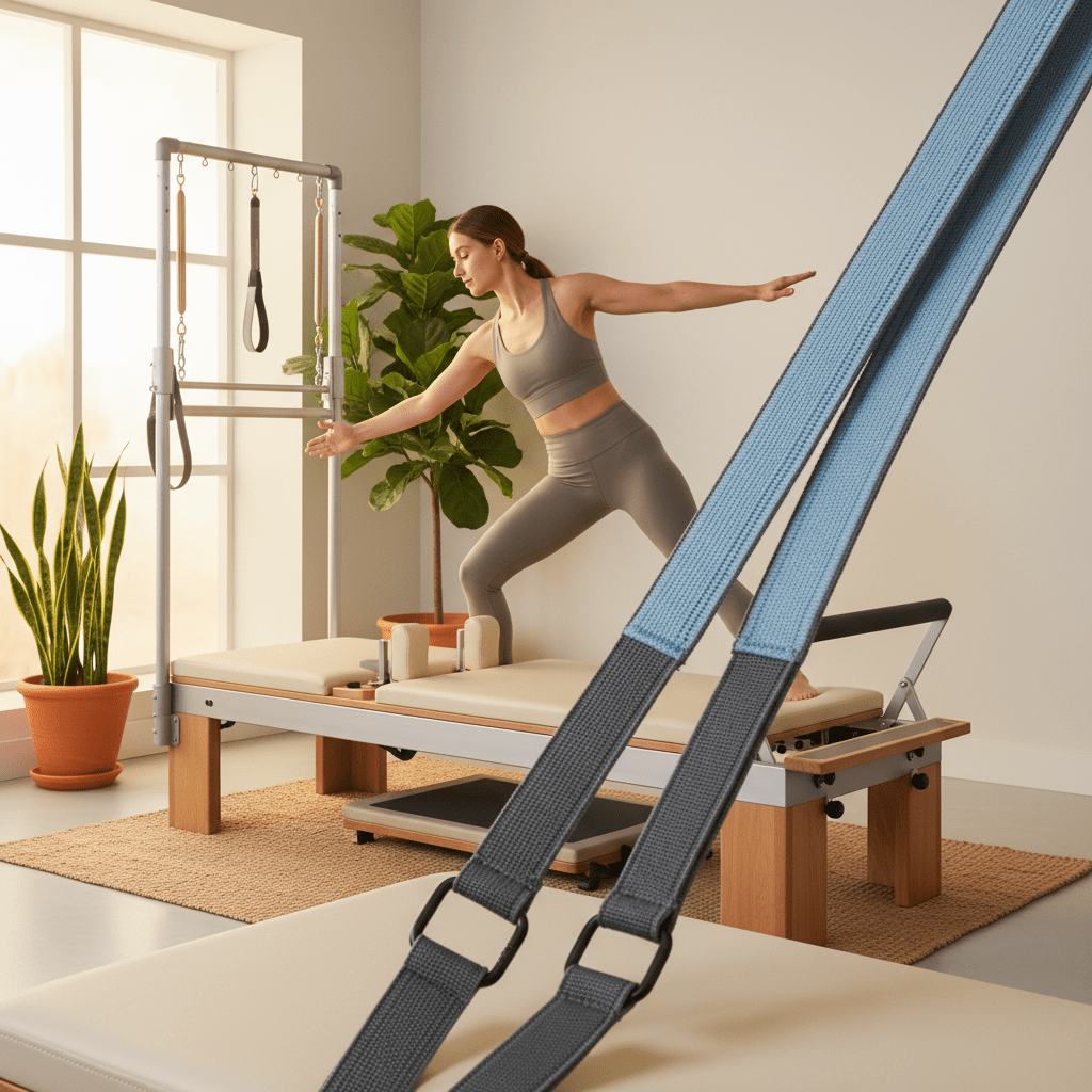 Home pilates reformer with hybrid configuration and vertical tower in titanium-grey.
