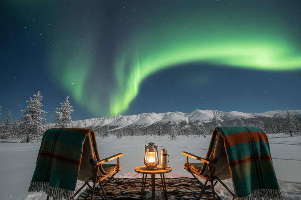 Snowy Alaskan landscape with camping gear set up under vibrant green auroras glowing in the night sky