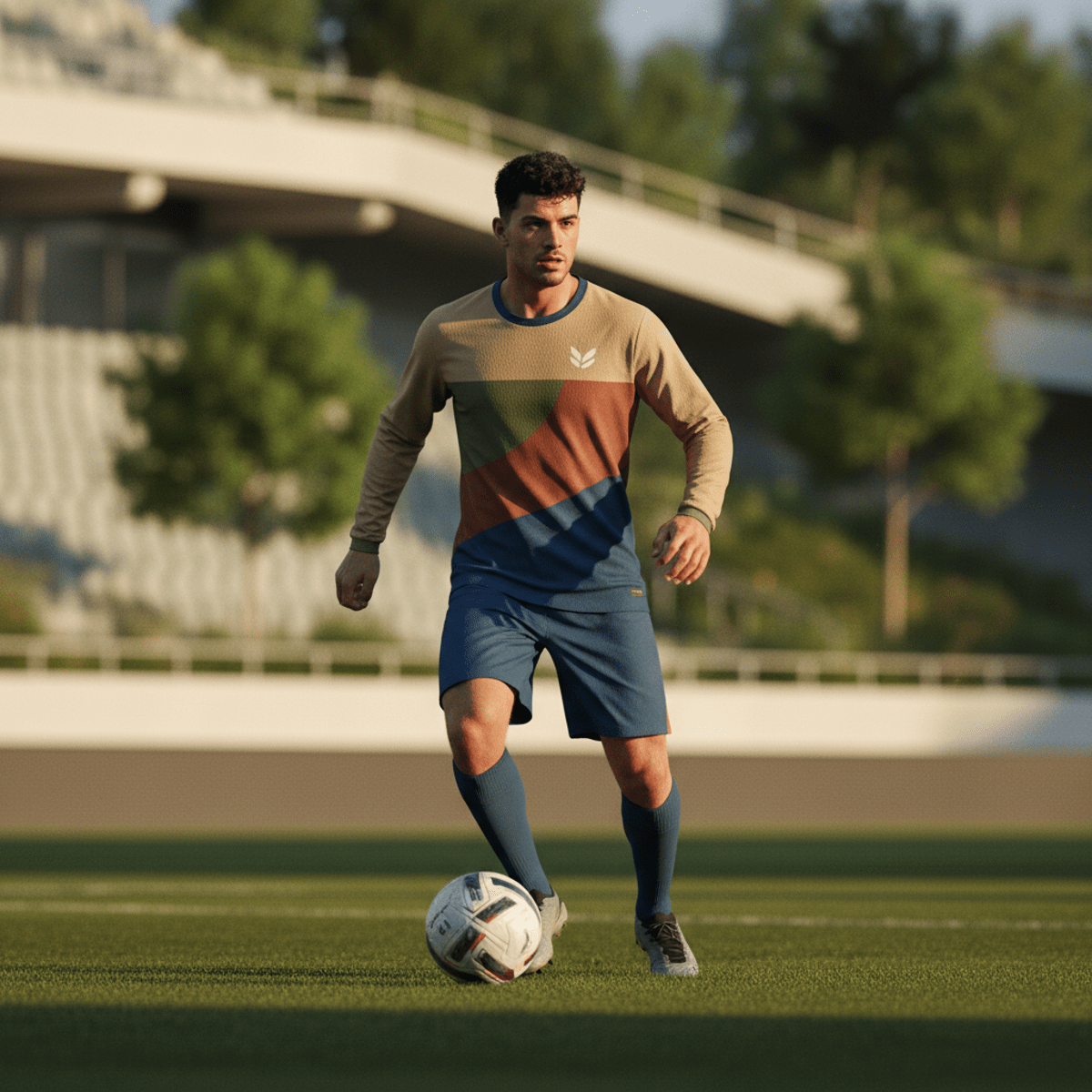 Soccer player in earth-toned recycled jersey on natural field, soft sunlight.