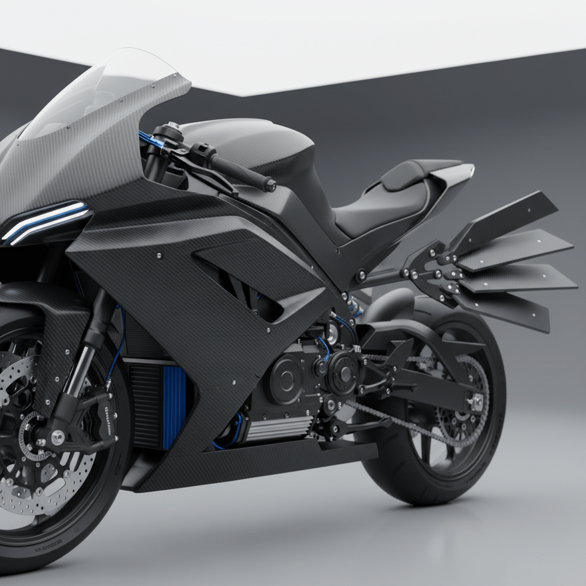 Sleek advanced electric sport motorcycle with carbon fiber body and blue accents.