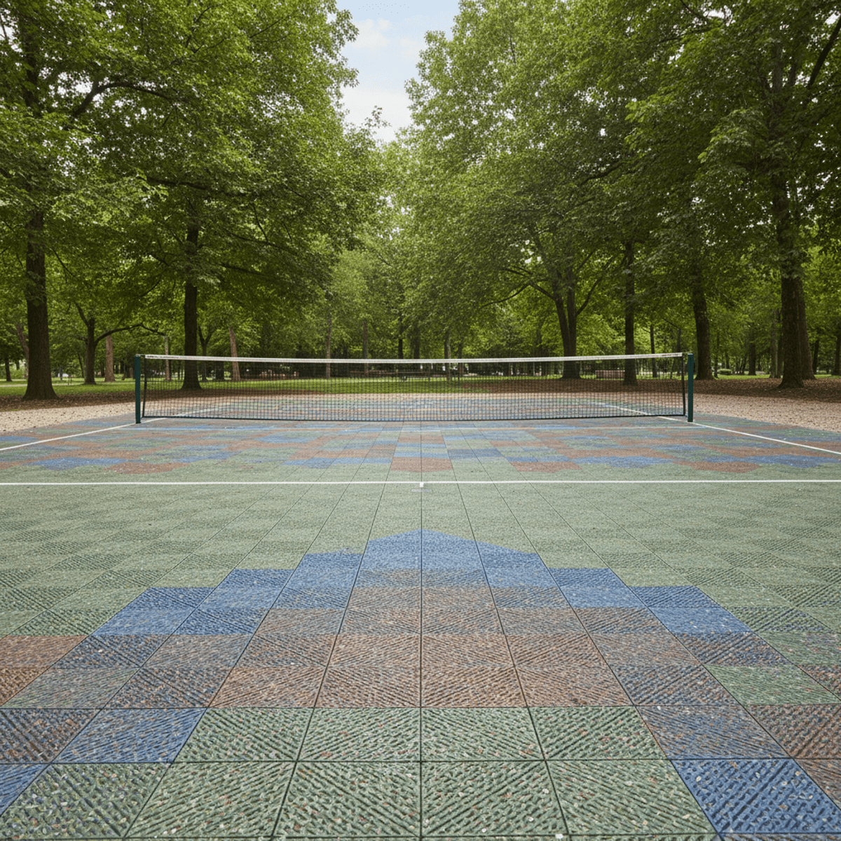 Open-air sports court with recycled polymer tiles surrounded by green trees.