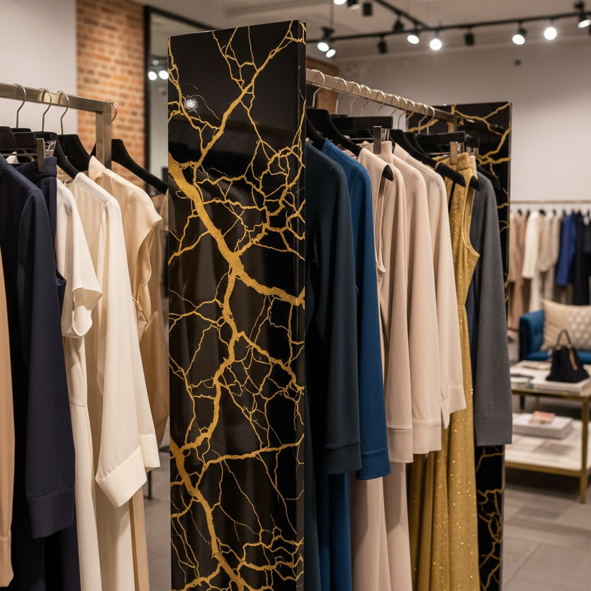 Black metal clothing rack with gold river veins and marble design in a boutique.