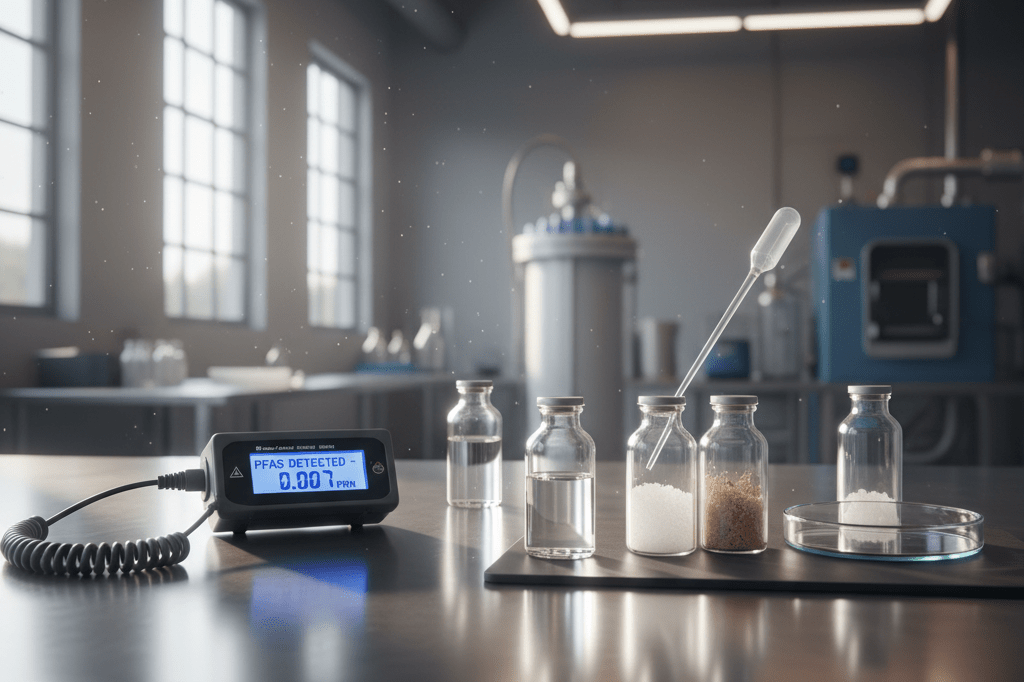 Close-up view of advanced testing tools and sample containers in an environmental lab setting