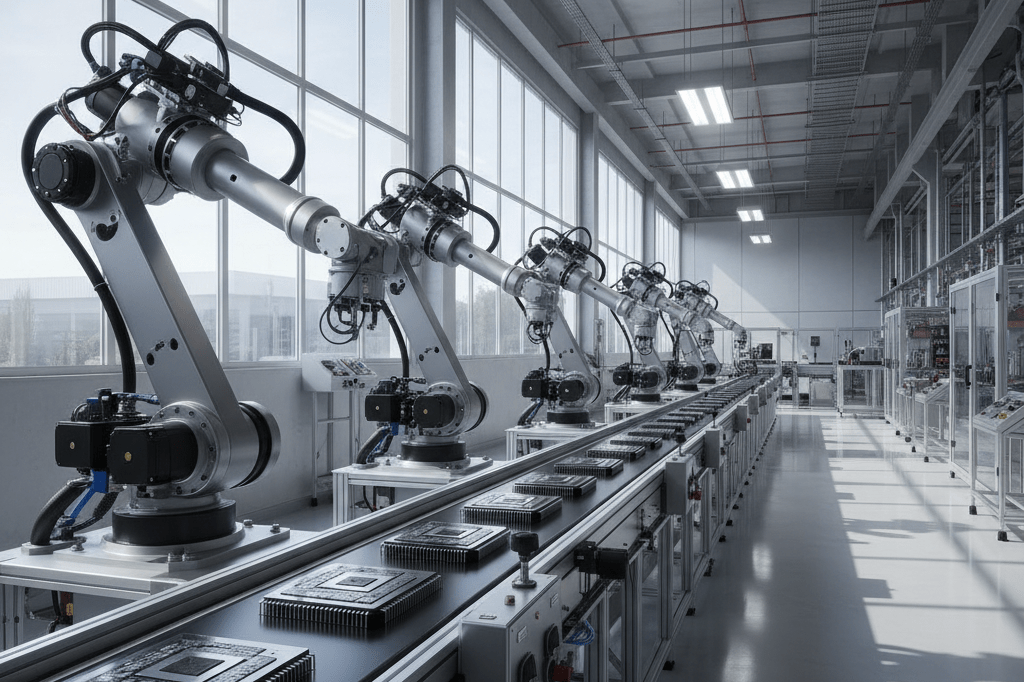 Modern semiconductor factory with robotic arms and chips on conveyor under natural light