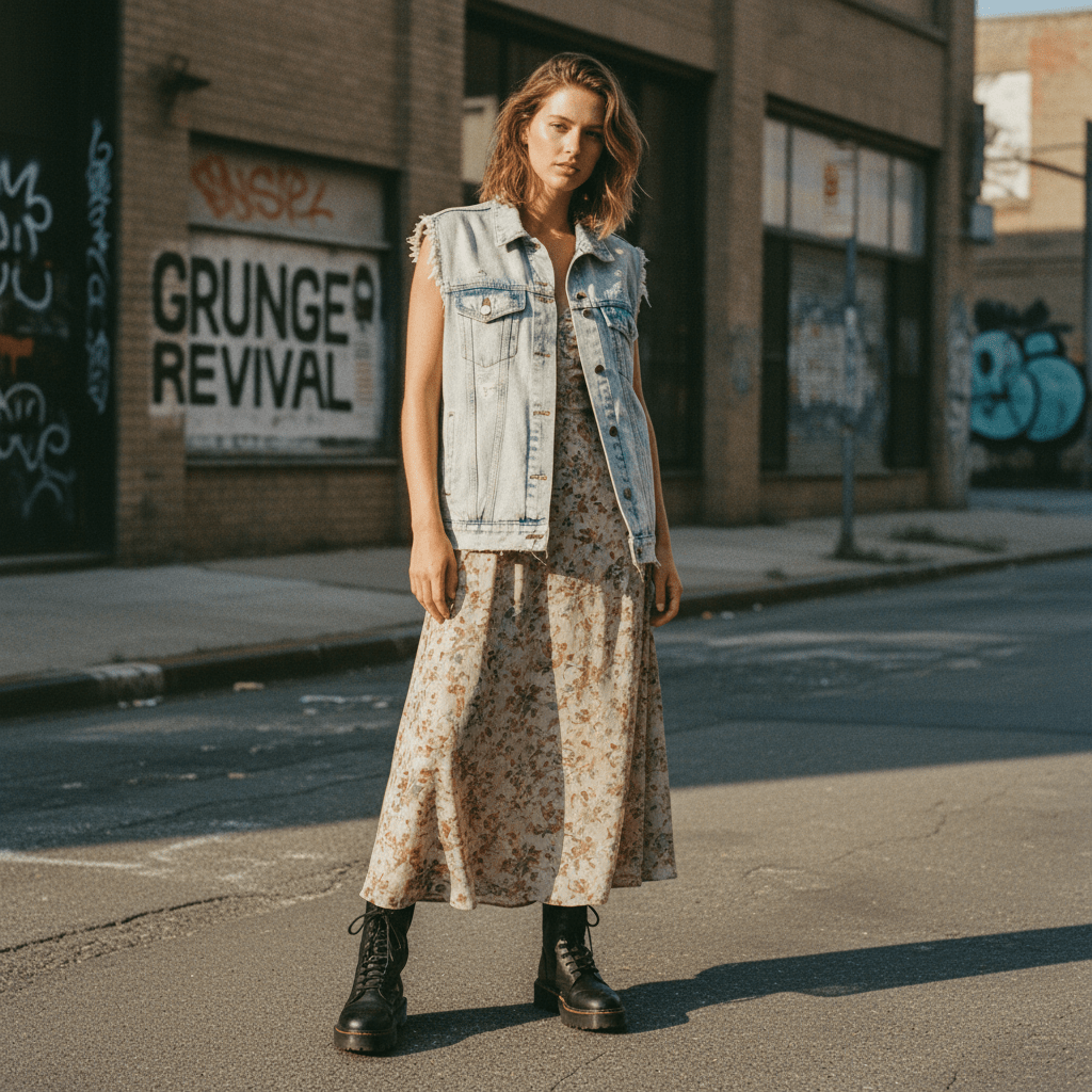 Model in acid-wash denim vest and floral dress on a grunge city street.