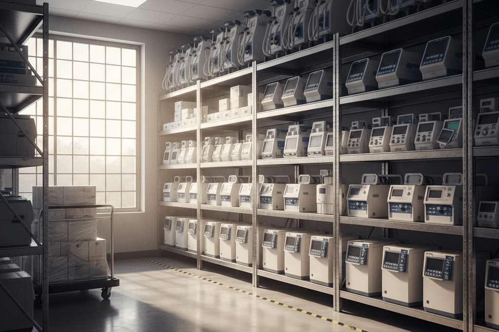 Well-organized hospital supply shelves featuring ventilators, dialysis machines, and thermometers under natural lighting